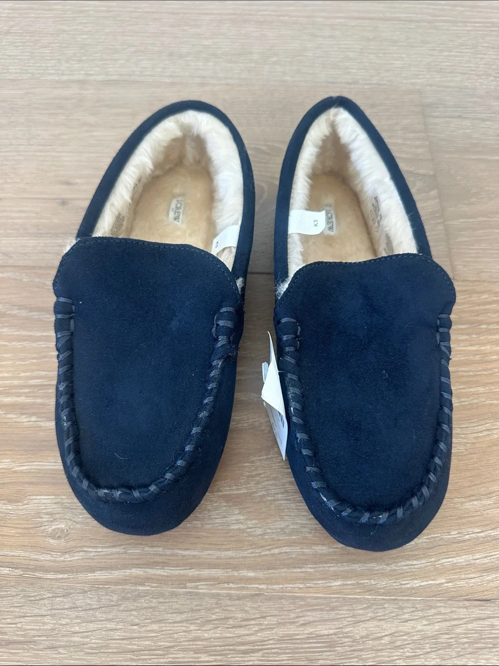 J.Crew kids Navy Suede Moccasin Slippers with Faux Fur Lining